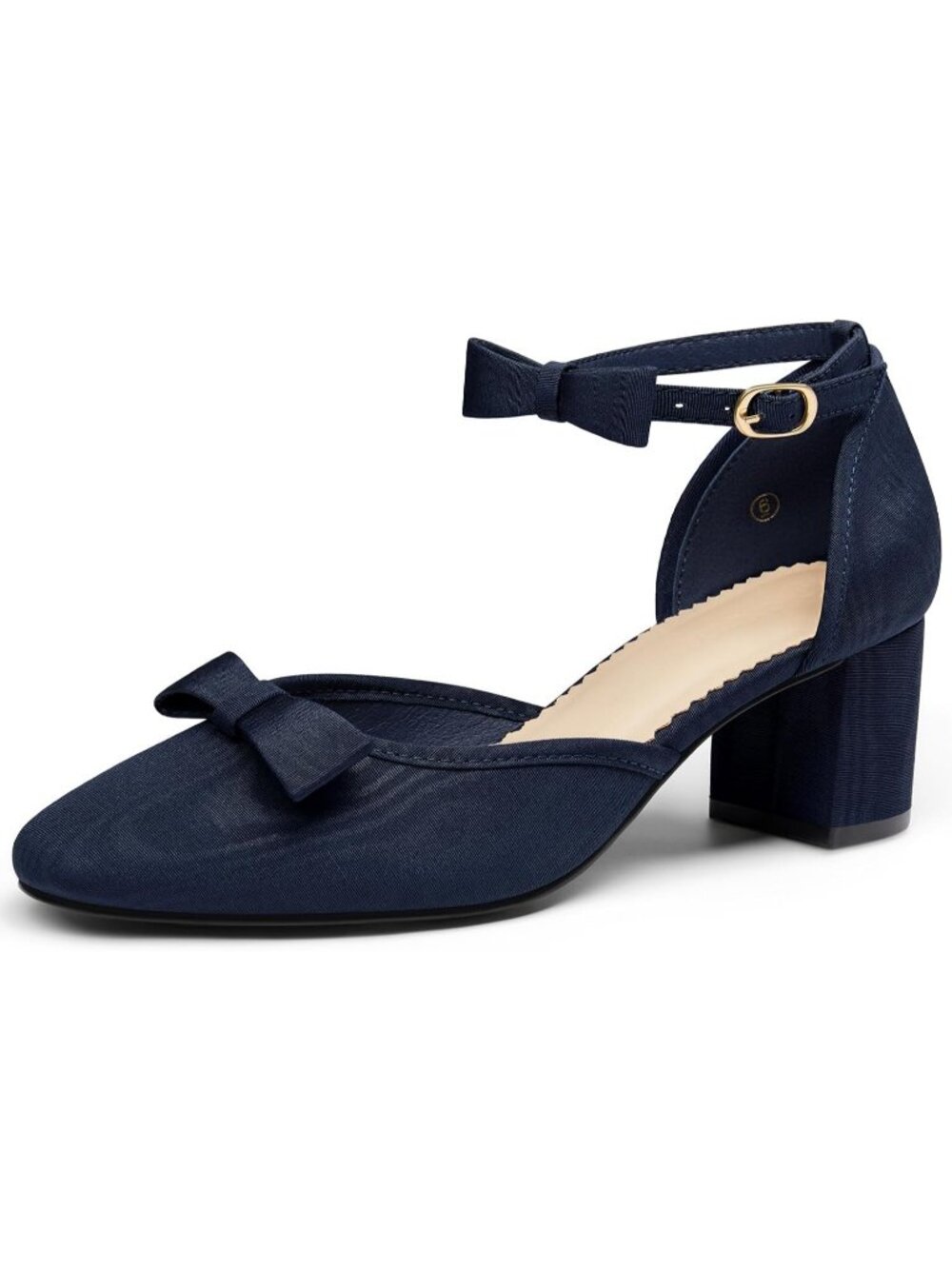 Women's Dark Blue Chunky Low Heels Bow Closed Toe Ankle Strap Elegant Pumps